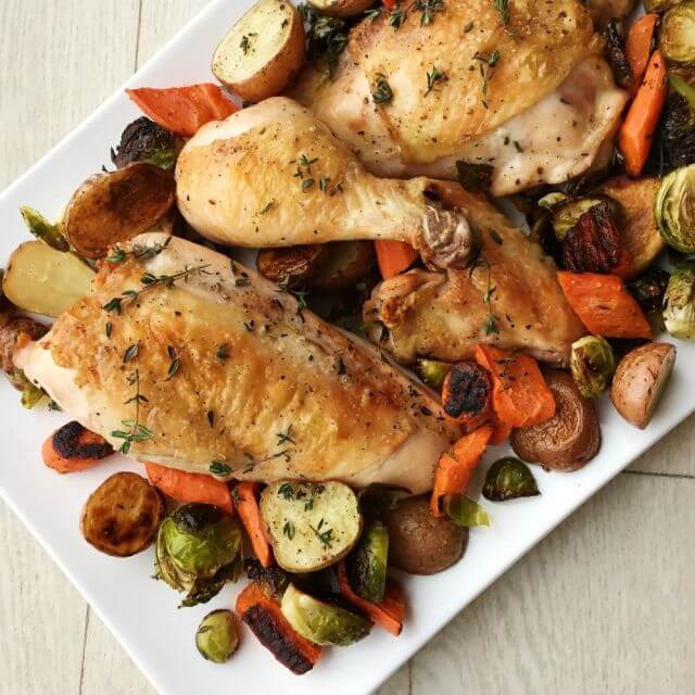 Easy Roast Chicken with Brussels Sprout, Potatoes, and Carrots