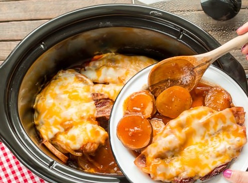 Pork Crock-pot - Cheesy Bacon Barbeque Pork Chops & Potatoes