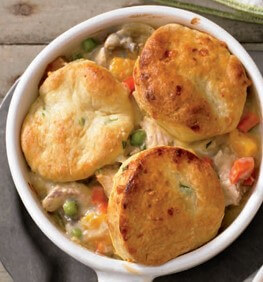 CHICKEN POT PIES WITH CHEDDAR–SCALLION BISCUITS