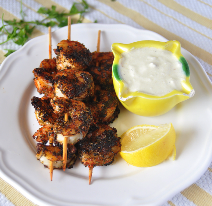 Blackened Shrimp Skewers with Yogurt Aioli